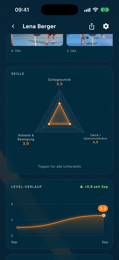 Skill-Profil und Level-Verlauf in der RECourt-App