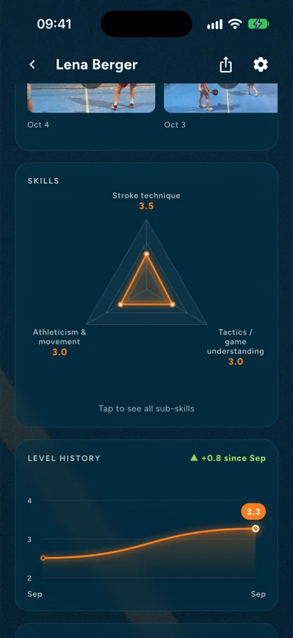 Skill profile and level history in the RECourt app