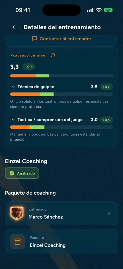 Vista de la app tras un análisis con la evolución de nivel por habilidad