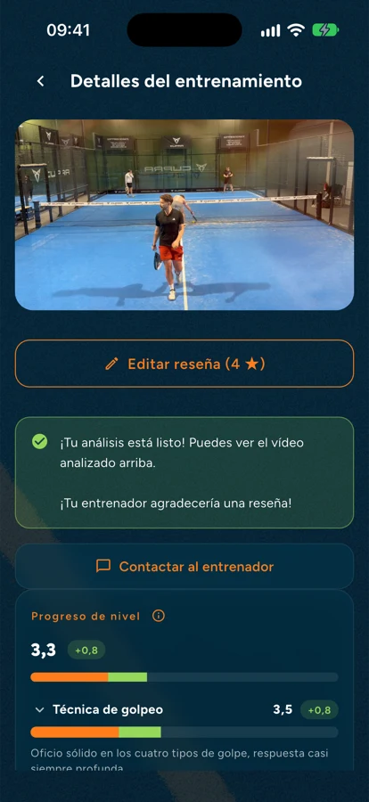 Análisis terminado con vídeo en la app de RECourt